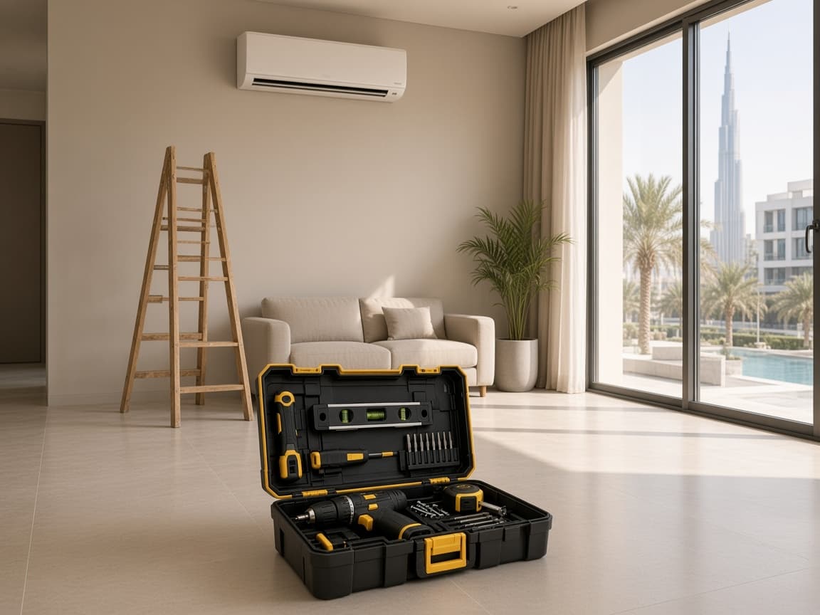 Wall-mounted air conditioner and open toolbox in a Dubai apartment